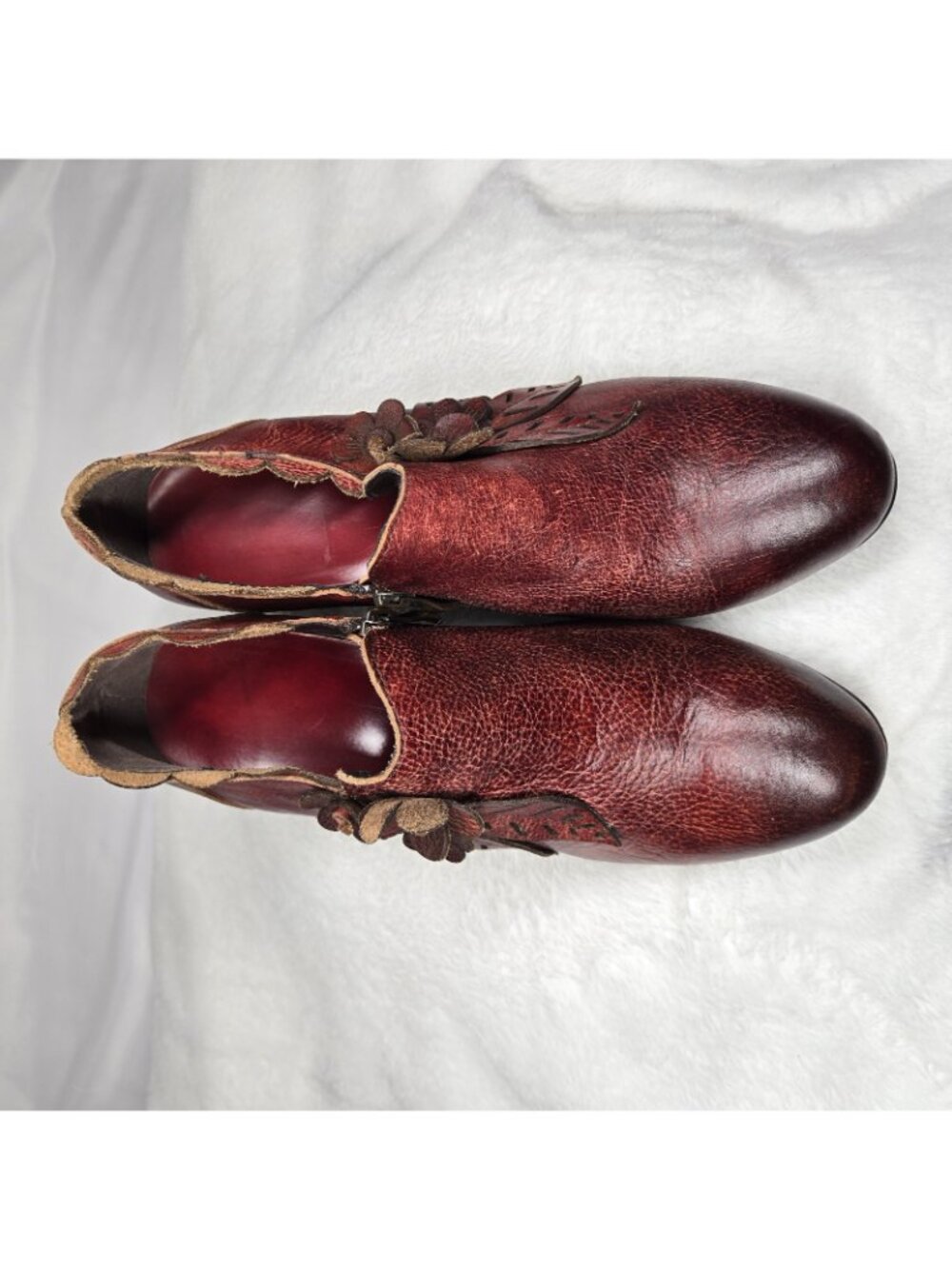 Women's Booties Size 9.5 Boho Western Floral Leather Ankle Brown Tooled Red Shoe - Picture 6 of 9